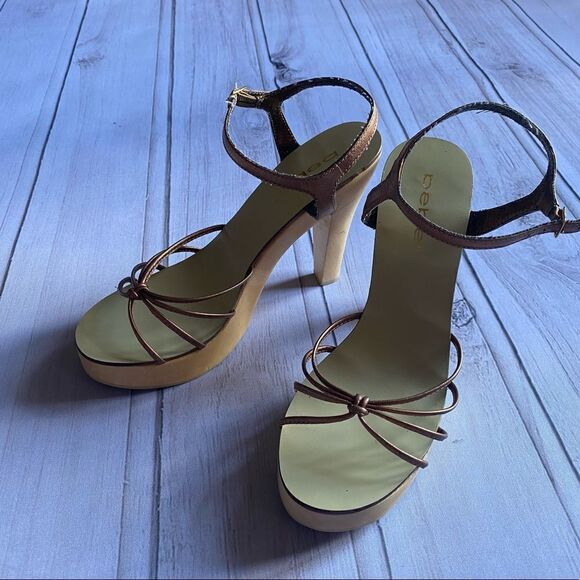 Bebe platform wooden strappy heels leather upper - Picture 2 of 6